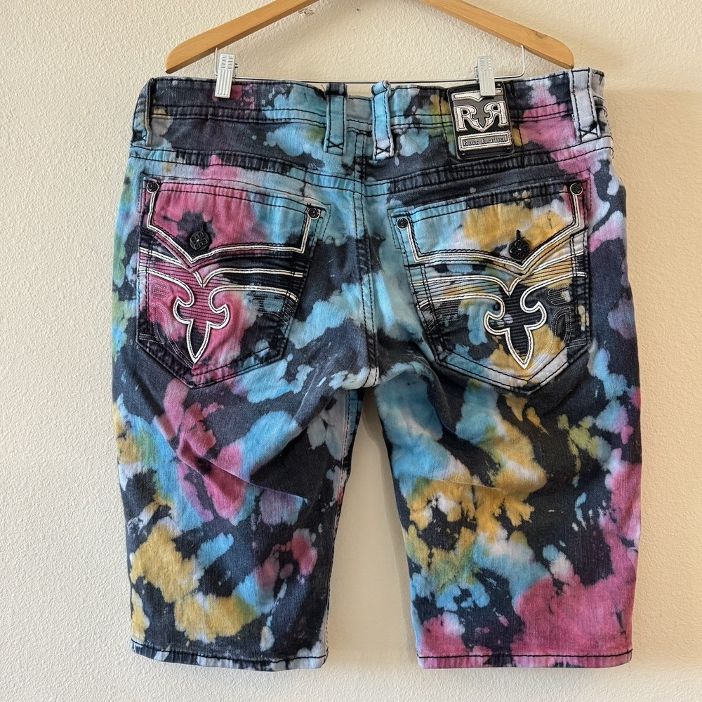 Rock Revival Goldfinch Tie Dye Denim Shorts Mens 40 Embroidered Flap Y2K